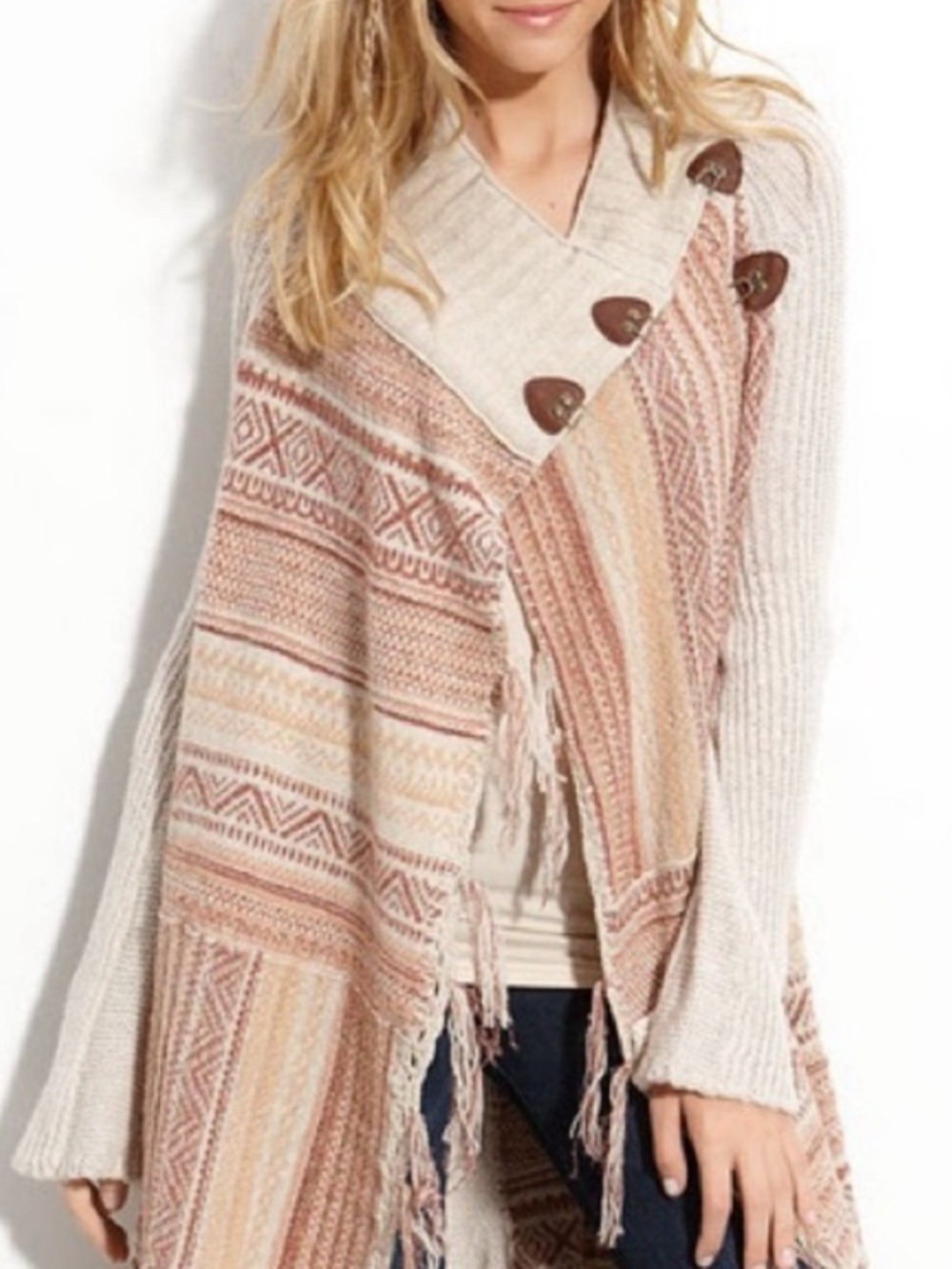 Free People Cream and Blush Patterned Fringe Knit Cardigan